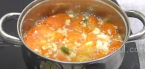 cooking tomatoes and other ingredients in water to make No Garlic No Onion gravy