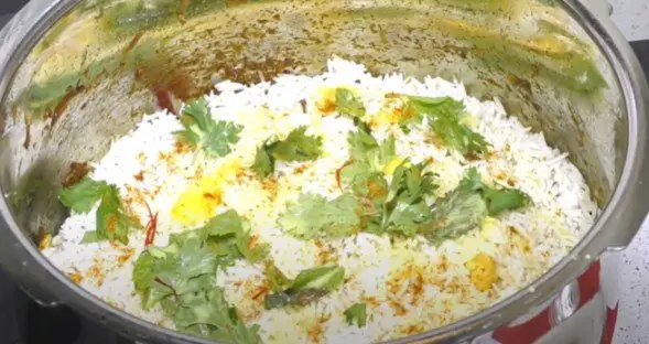 garnishing rice with coriander for veg biryani recipe 